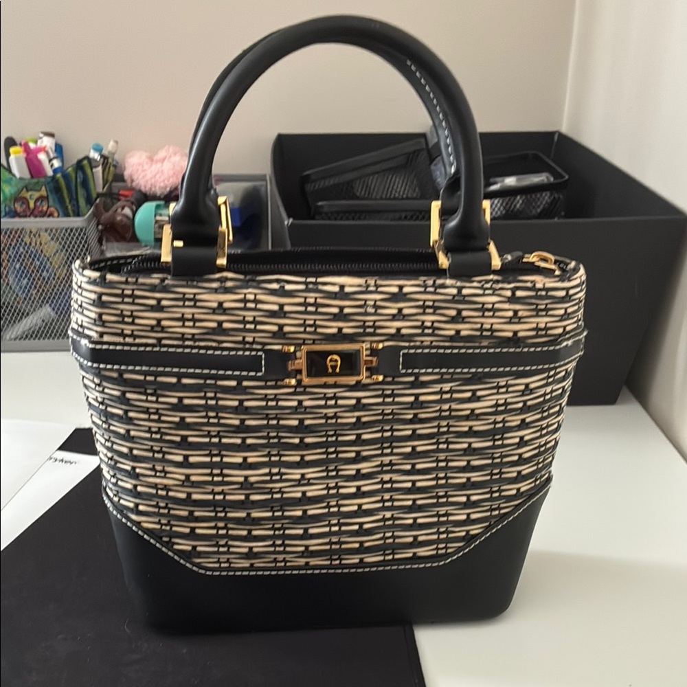 Etienne Aigner Black and Tan Woven Satchel